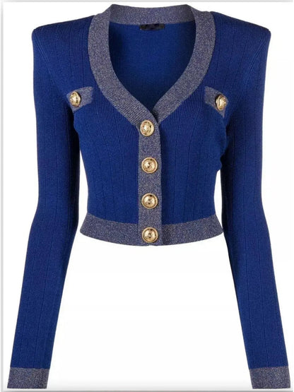 Two-Toned Button Cardigan Sweater in Blue - Sweaters & Knitwear