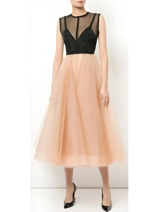 Two-Toned Tulle A-Line Midi Dress - Dresses