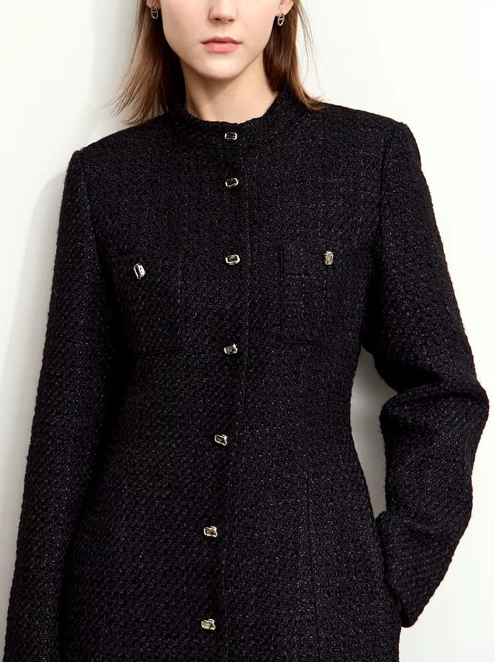 Tweed Wool-Blend Long Cardigan Coat in Black Branna Couture