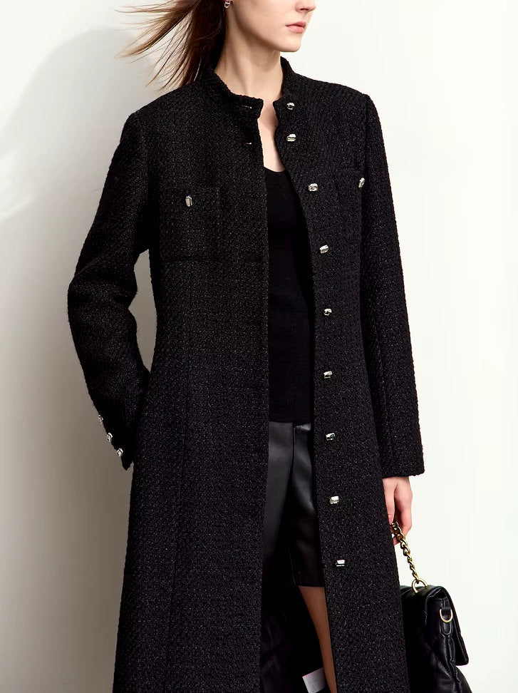 Tweed Wool-Blend Long Cardigan Coat in Black Branna Couture