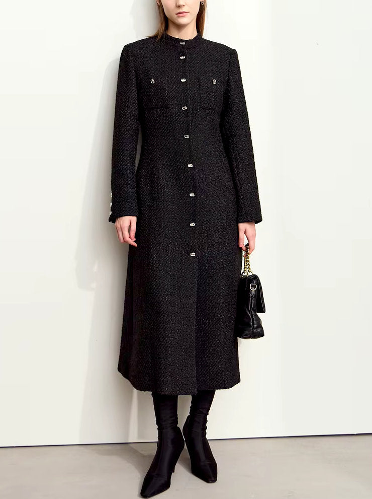 Tweed Wool-Blend Long Cardigan Coat in Black Branna Couture