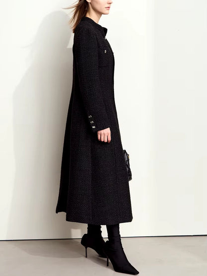 Tweed Wool-Blend Long Cardigan Coat in Black Branna Couture