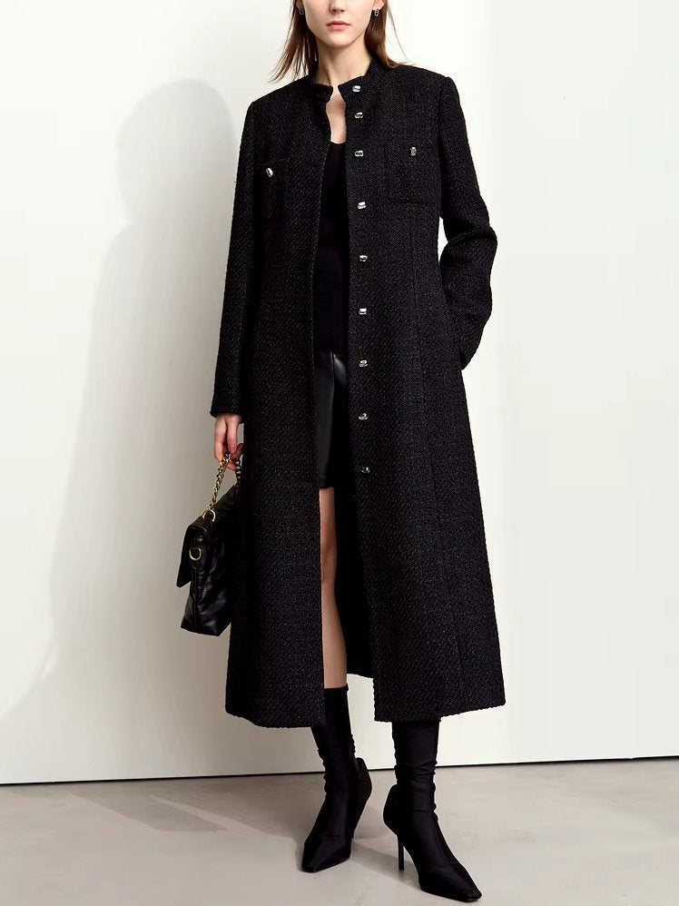 Tweed Wool-Blend Long Cardigan Coat in Black Branna Couture