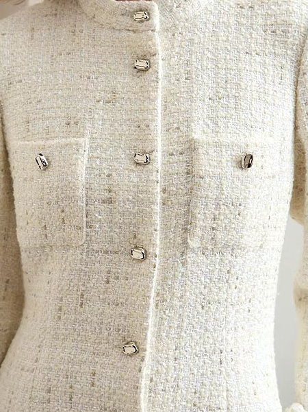 Tweed Wool-Blend Long Cardigan Coat in Ecru Branna Couture