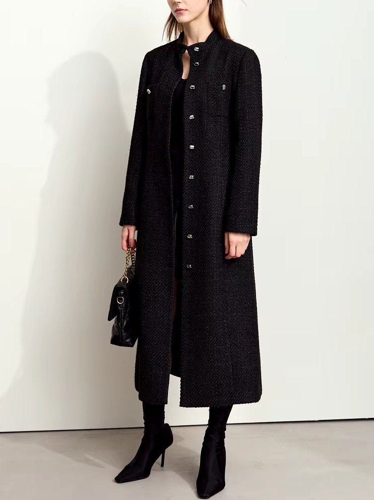 Tweed Wool-Blend Long Cardigan Coat in Black Branna Couture