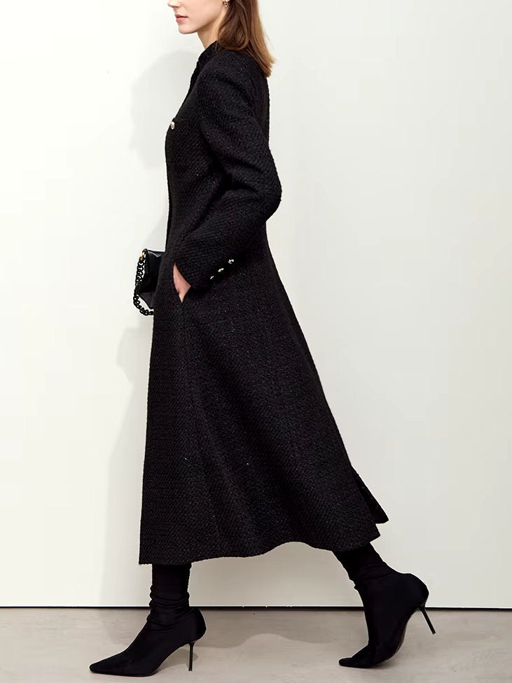 Tweed Wool-Blend Long Cardigan Coat in Black Branna Couture