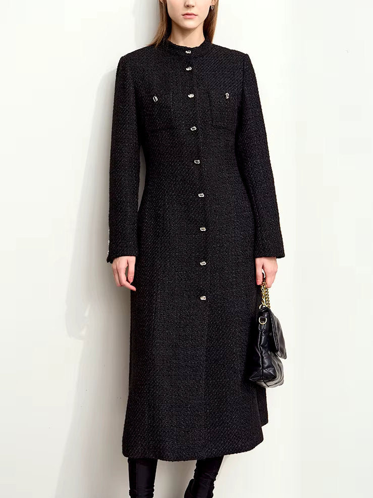 Tweed Wool-Blend Long Cardigan Coat in Black Branna Couture