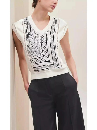 V-Neck Bandana Printed Silk Sleeveless Sweater - Sweaters & Knitwear