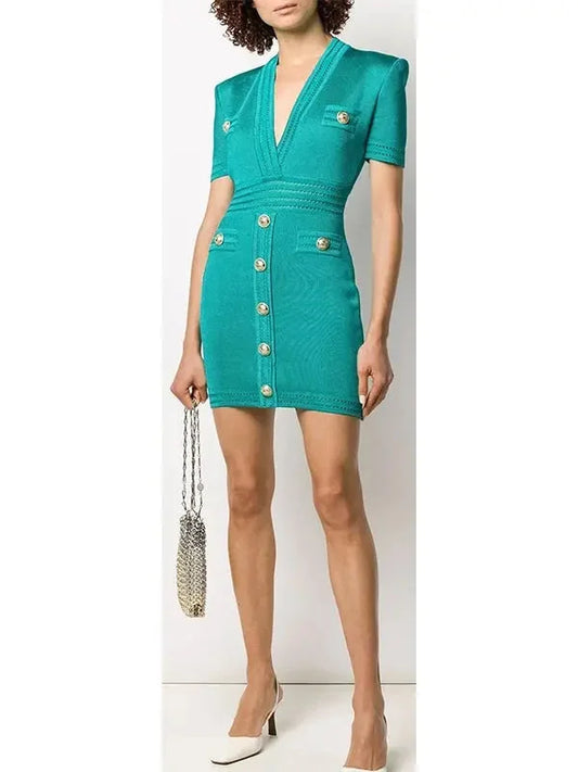 V-Neck Button-Embellished Mini Dress - small - Dresses