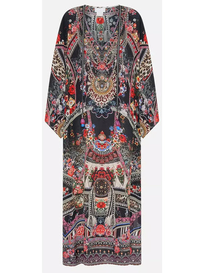 V-Neck Multicolor Printed Long Kaftan Dress - Dresses