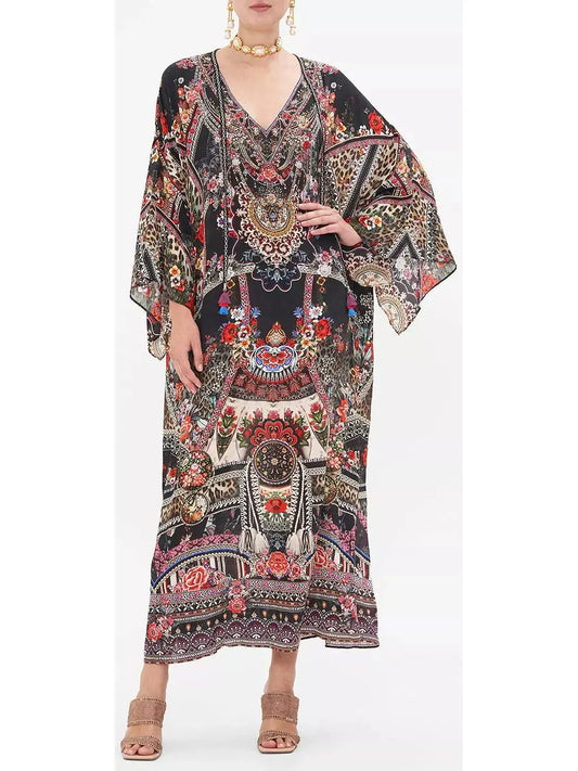 V-Neck Multicolor Printed Long Kaftan Dress - Dresses