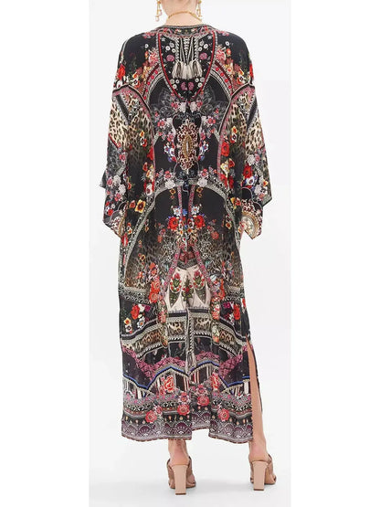 V-Neck Multicolor Printed Long Kaftan Dress - Dresses