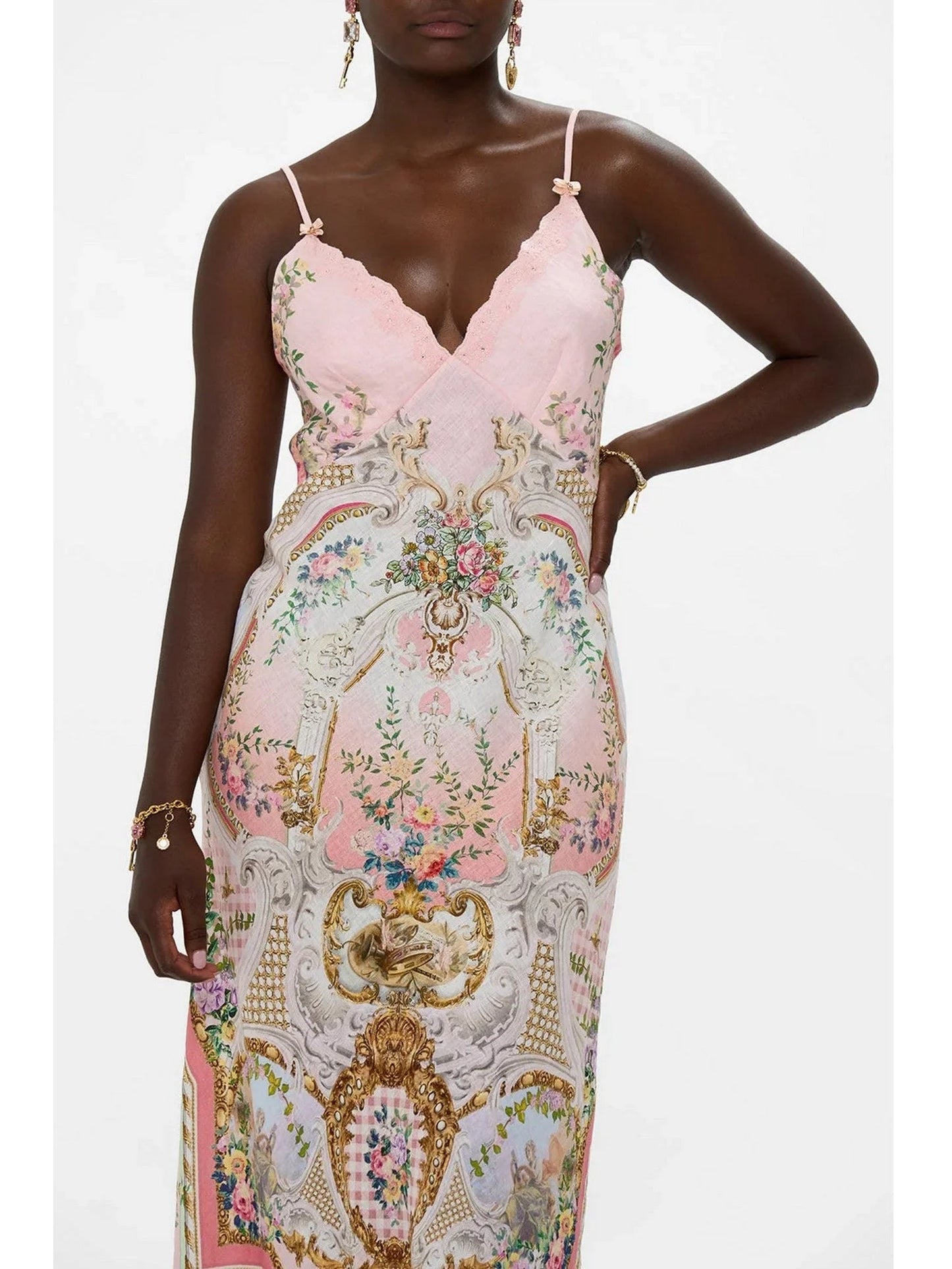 V-Neck Printed Pink Linen Slip Dress - Dresses