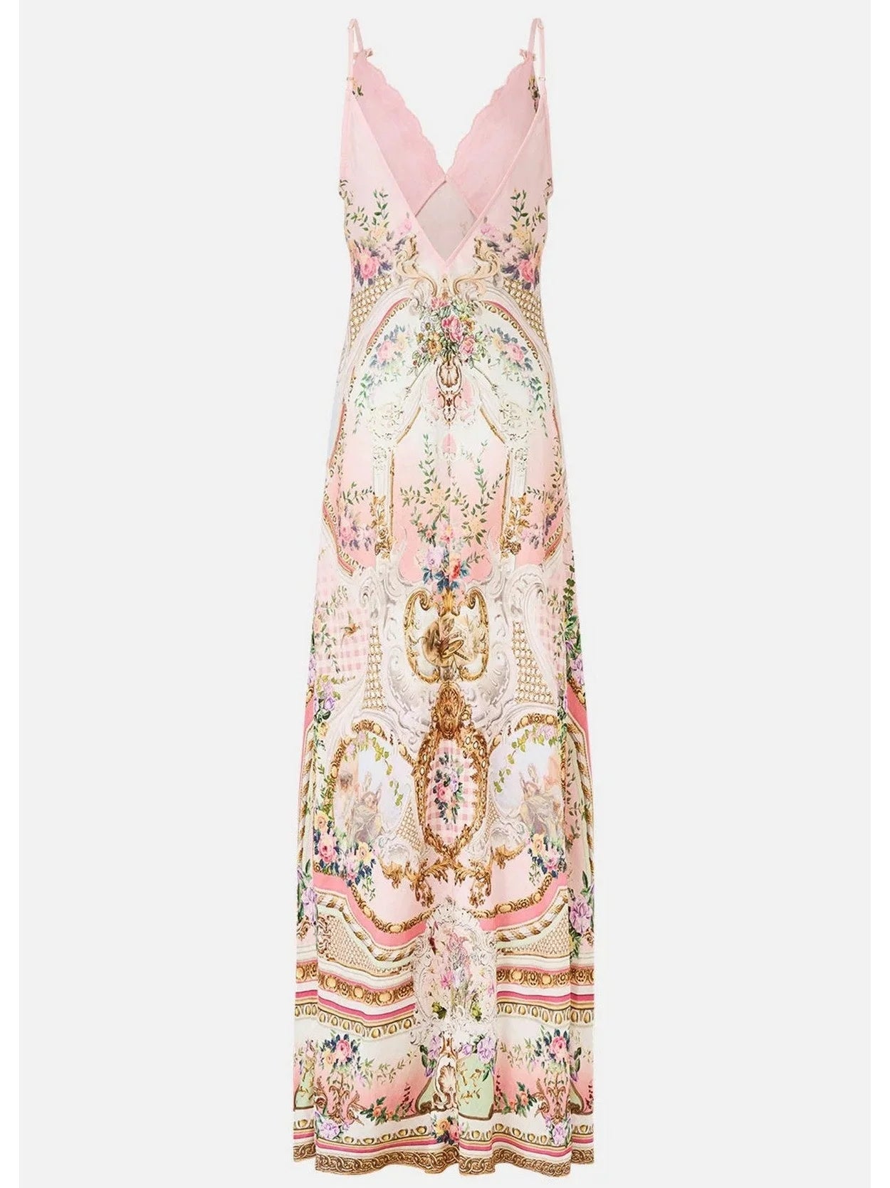 V-Neck Printed Pink Linen Slip Dress - Dresses