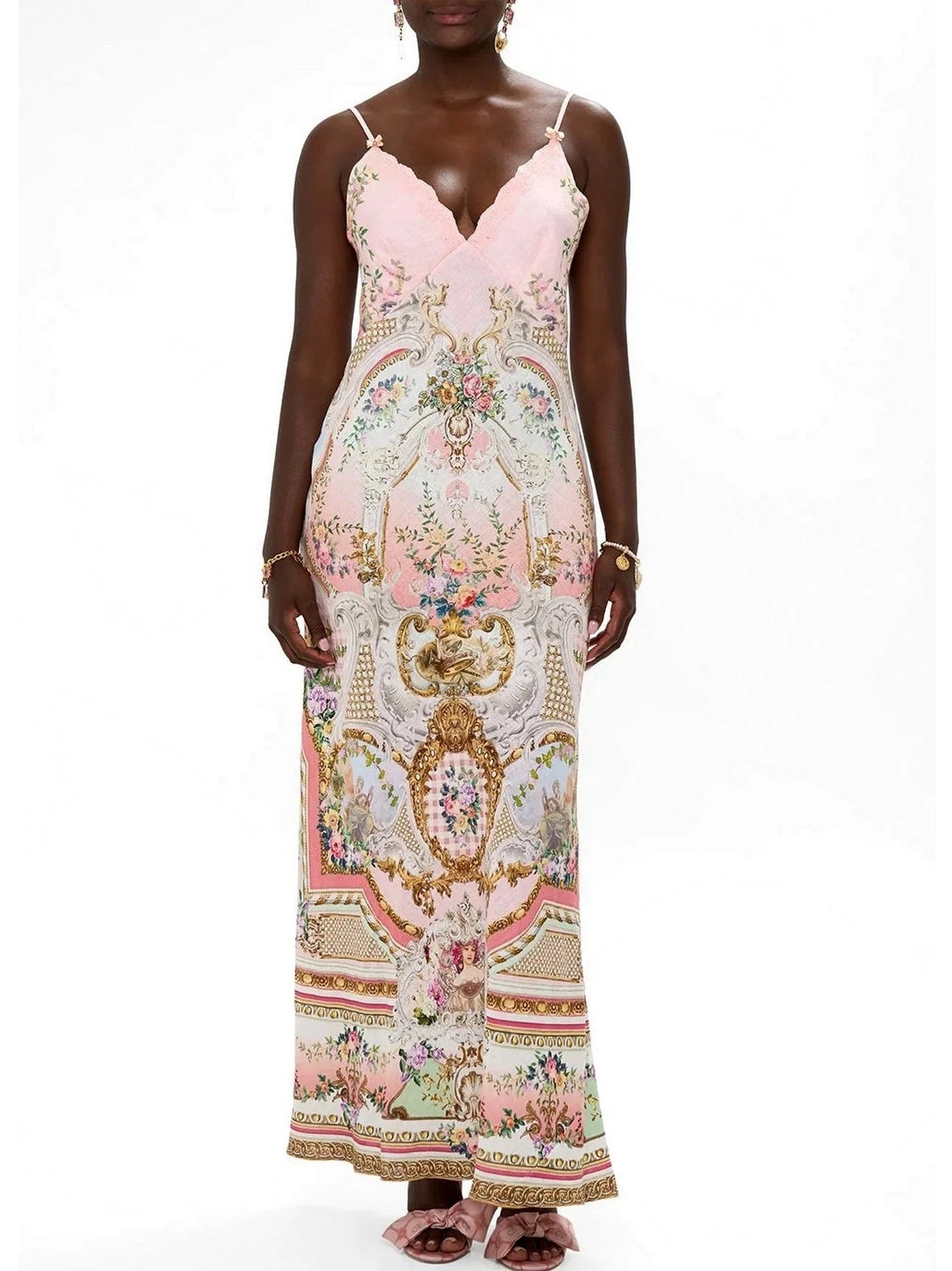 V-Neck Printed Pink Linen Slip Dress - Dresses