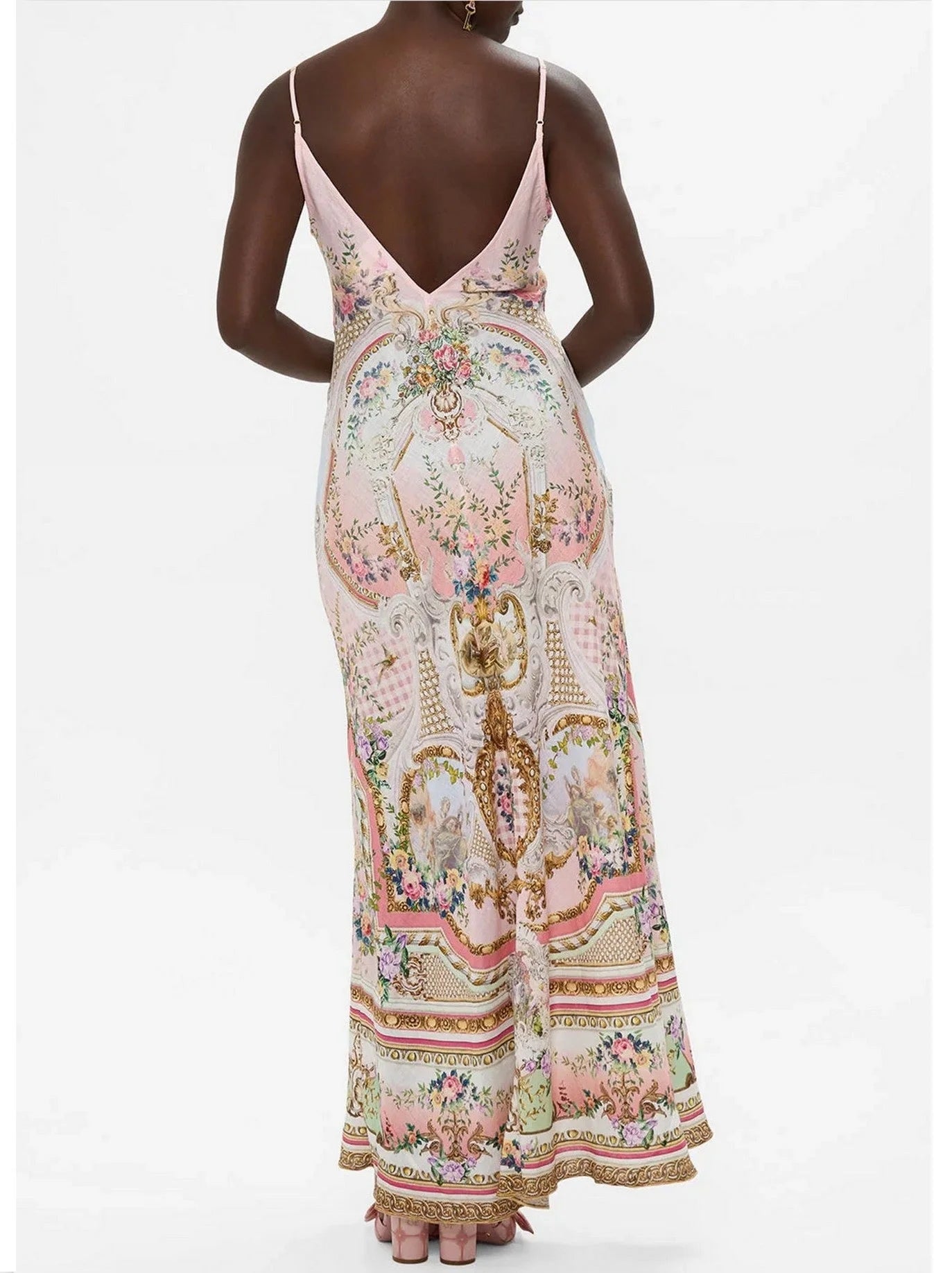 V-Neck Printed Pink Linen Slip Dress - Dresses
