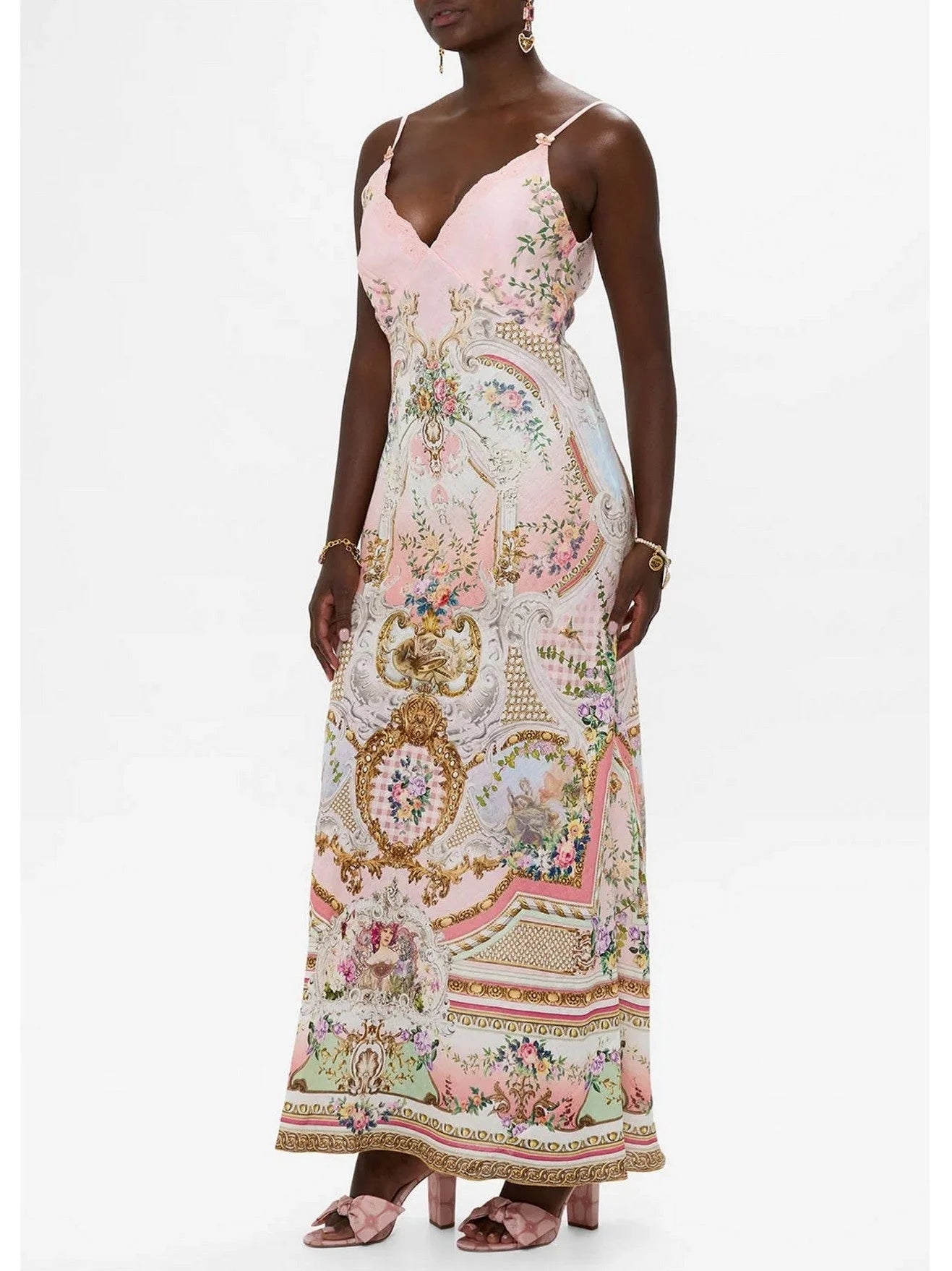 V-Neck Printed Pink Linen Slip Dress - Dresses