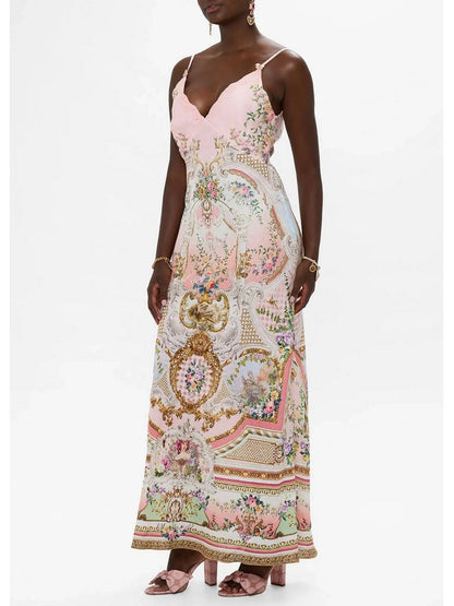 V-Neck Printed Pink Linen Slip Dress - Dresses