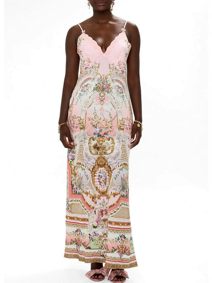 V-Neck Printed Pink Linen Slip Dress - XS - Dresses