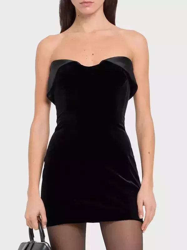 Velvet Fold-Over Satin-Trim Mini Dress in Black - Dresses