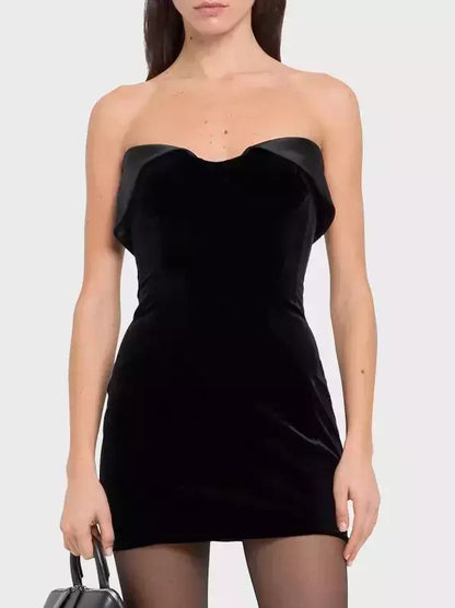 Velvet Fold-Over Satin-Trim Mini Dress in Black - Dresses