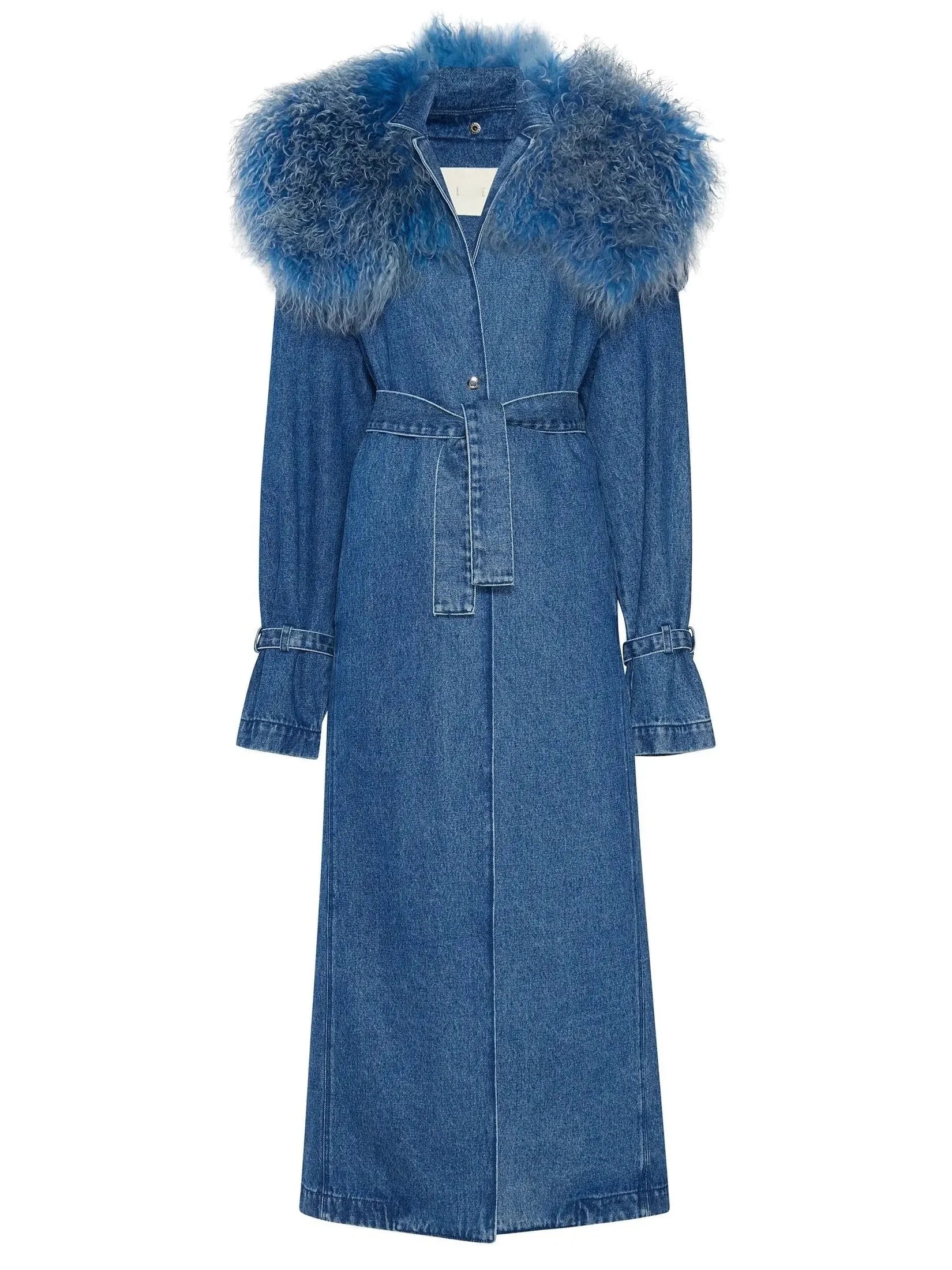 Vintage Denim Relaxed Trench Coat With Shearling Blue - Coats