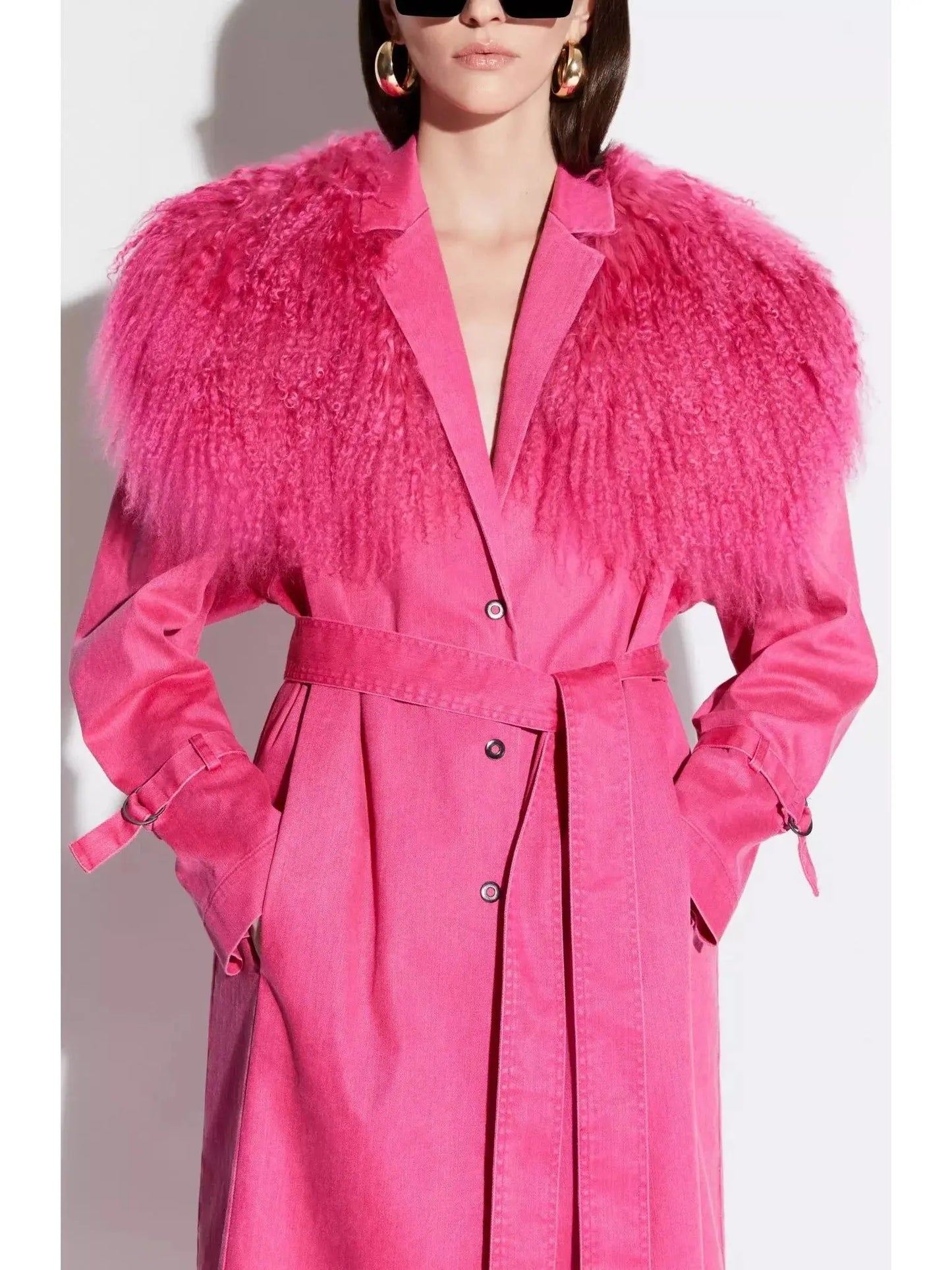 Vintage Denim Relaxed Trench Coat With Shearling Pink - Coats