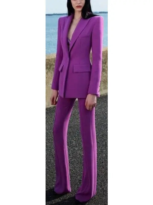 Violet Single-Breasted Crepe Blazer Jacket and Pant Suit - Suits & Sets