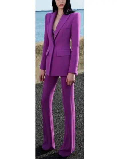 Violet Single-Breasted Crepe Blazer Jacket and Pant Suit - Suits & Sets