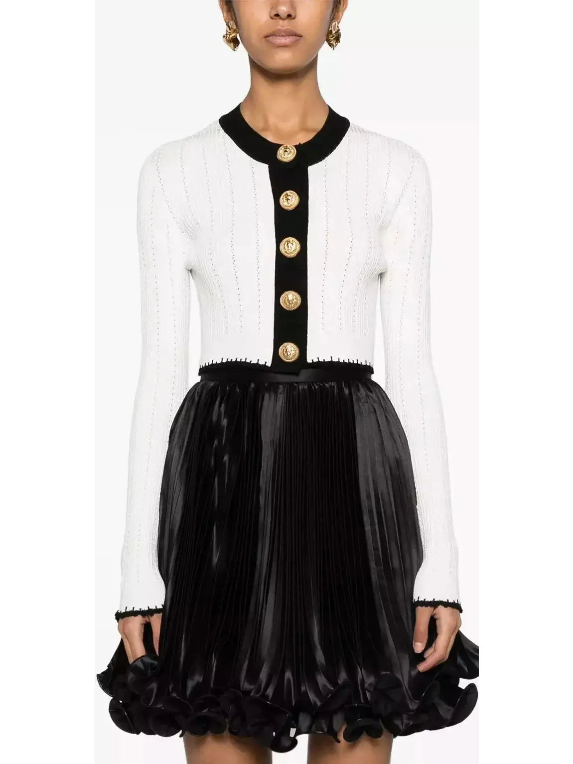 White and Black Cropped Knit Cardigan - Sweaters & Knitwear