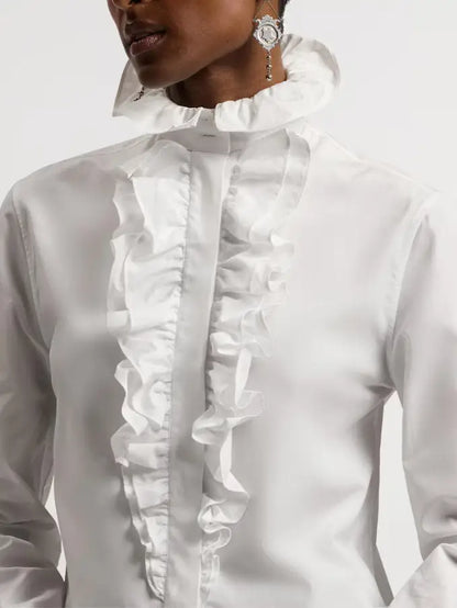 White Cotton Ruffled High-Neck Shirt - Tops