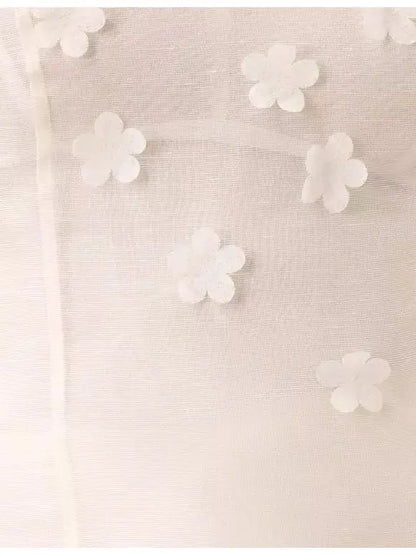 White Floral Appliques Linen and Silk Top - Tops