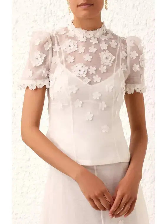 White Floral Appliques Linen and Silk Top - Tops