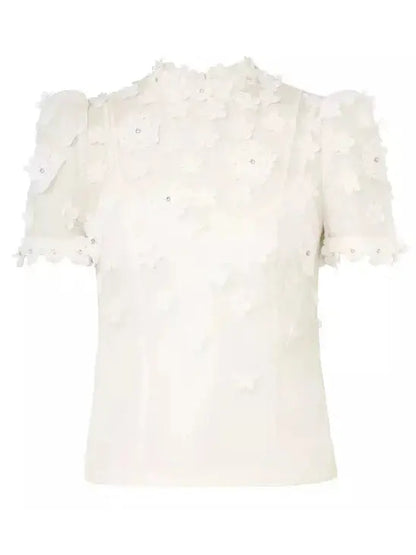 White Floral Appliques Linen and Silk Top - Tops