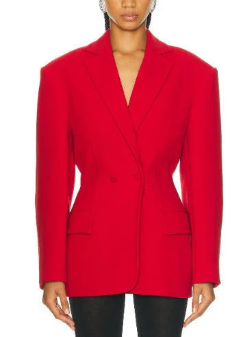 Wide-Shoulder Slim-Waist Fitted Red Blazer - Jackets