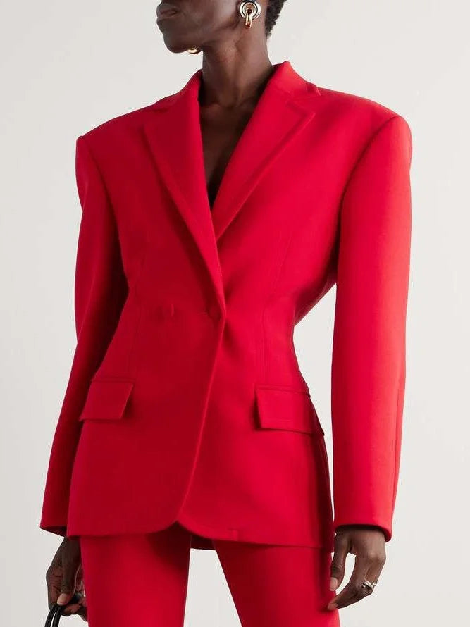 Wide-Shoulder Slim-Waist Fitted Red Blazer - Jackets