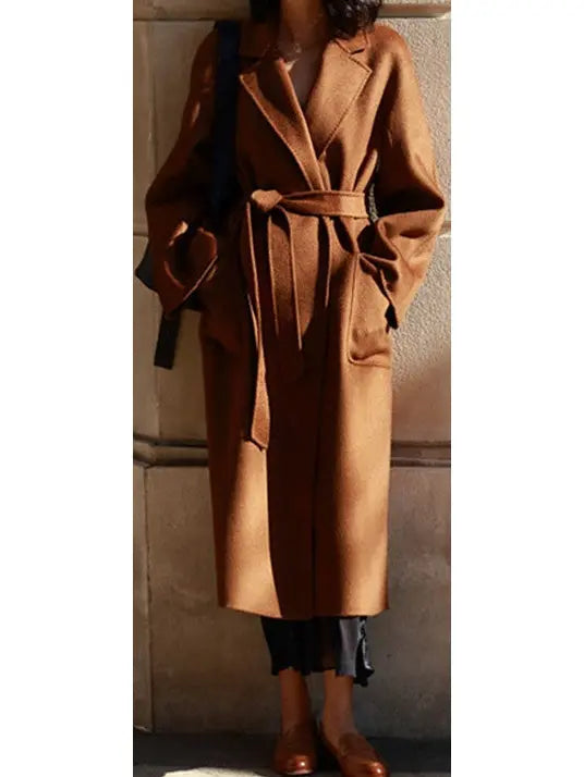 Wool-Blend Belted Wrap Coat Dark Caramel - Coats