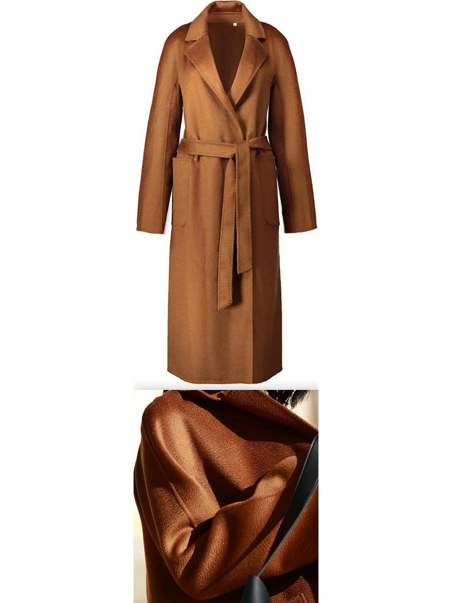 Wool-Blend Belted Wrap Coat Dark Caramel - small - Coats