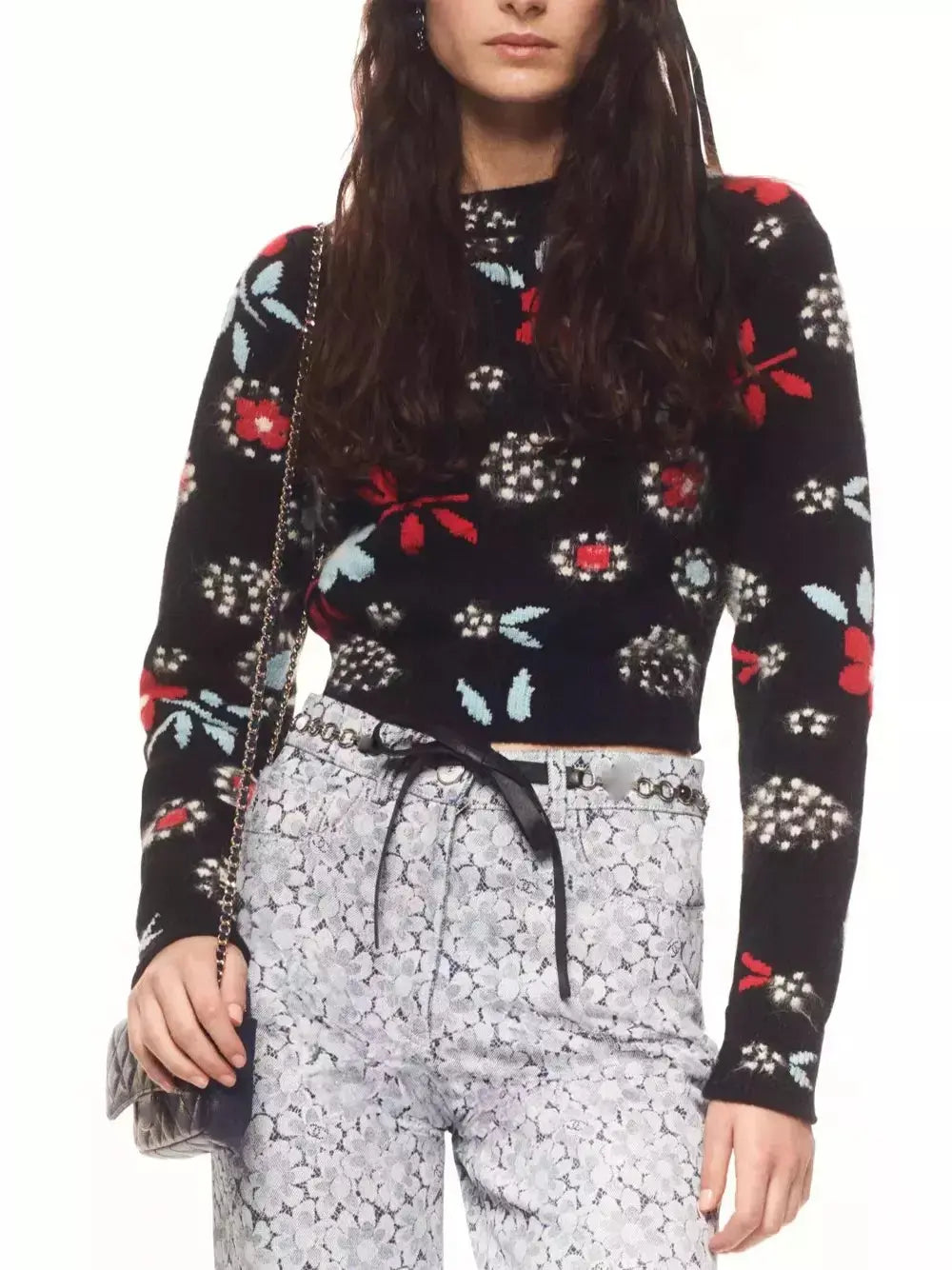 Wool Cropped Multicolor Floral Sweater in Black - Sweaters & Knitwear