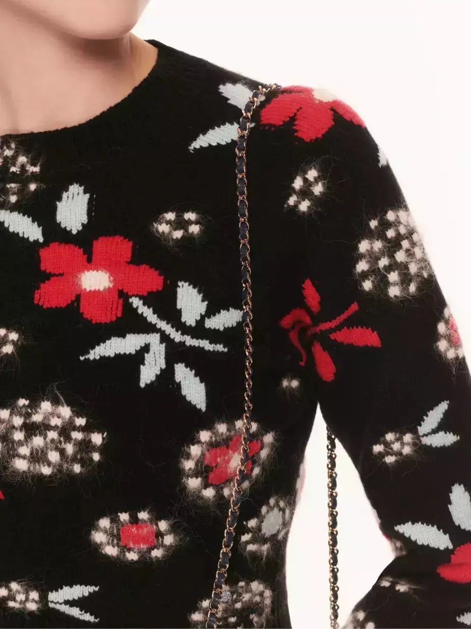 Wool Cropped Multicolor Floral Sweater in Black - Sweaters & Knitwear