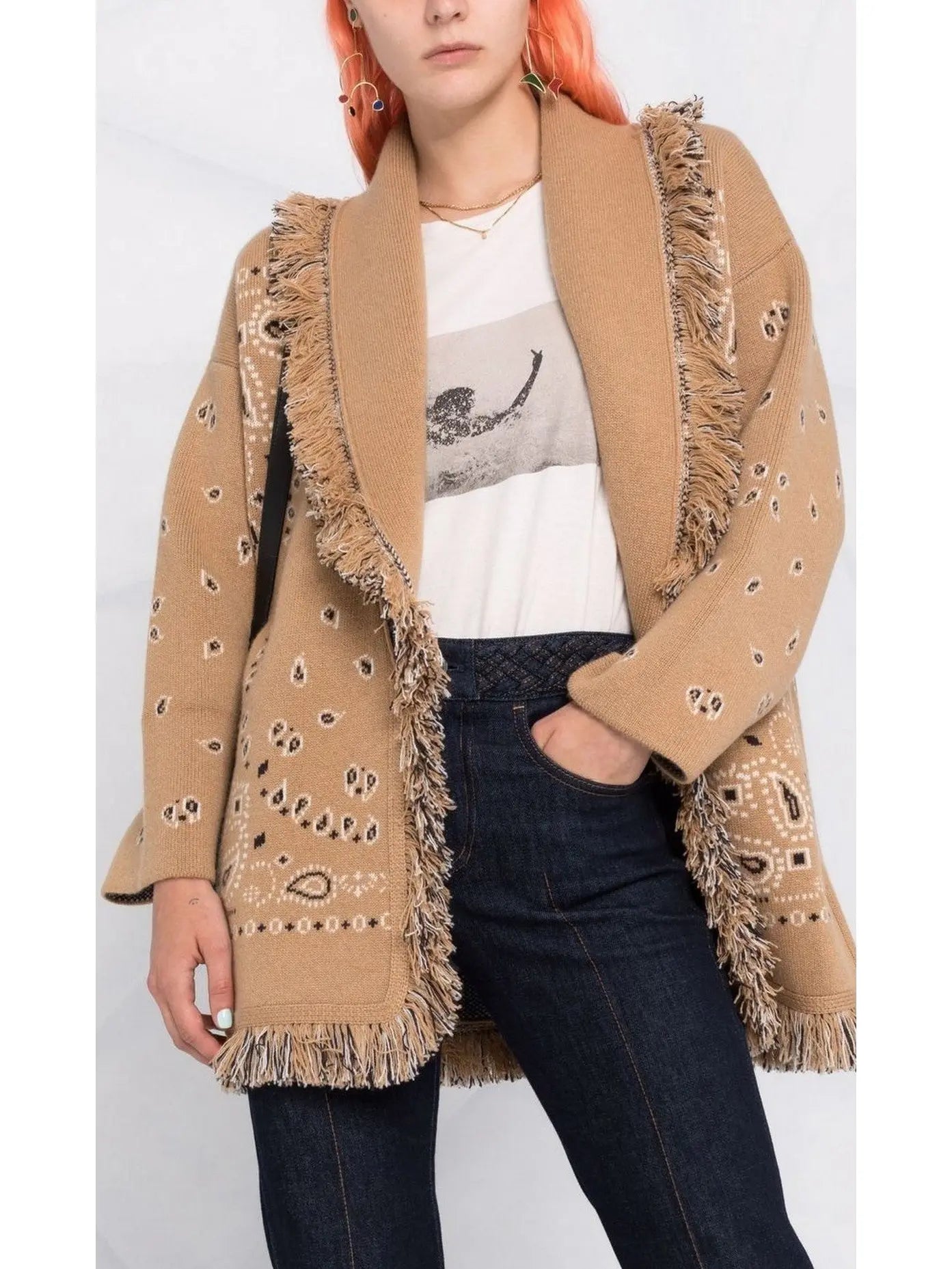 Wool Fringed Bandana Print Cardigan Camel - Sweaters & Knitwear