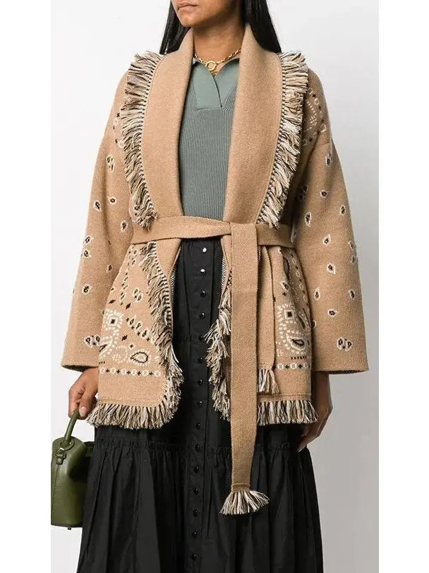 Wool Fringed Bandana Print Cardigan Camel - Sweaters & Knitwear