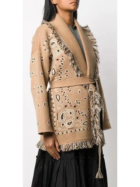 Wool Fringed Bandana Print Cardigan Camel - Sweaters & Knitwear