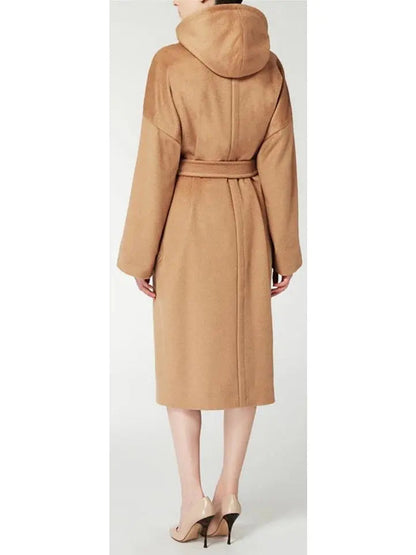 Wool Wrap Coat with Hood Camel/Brown - Coats