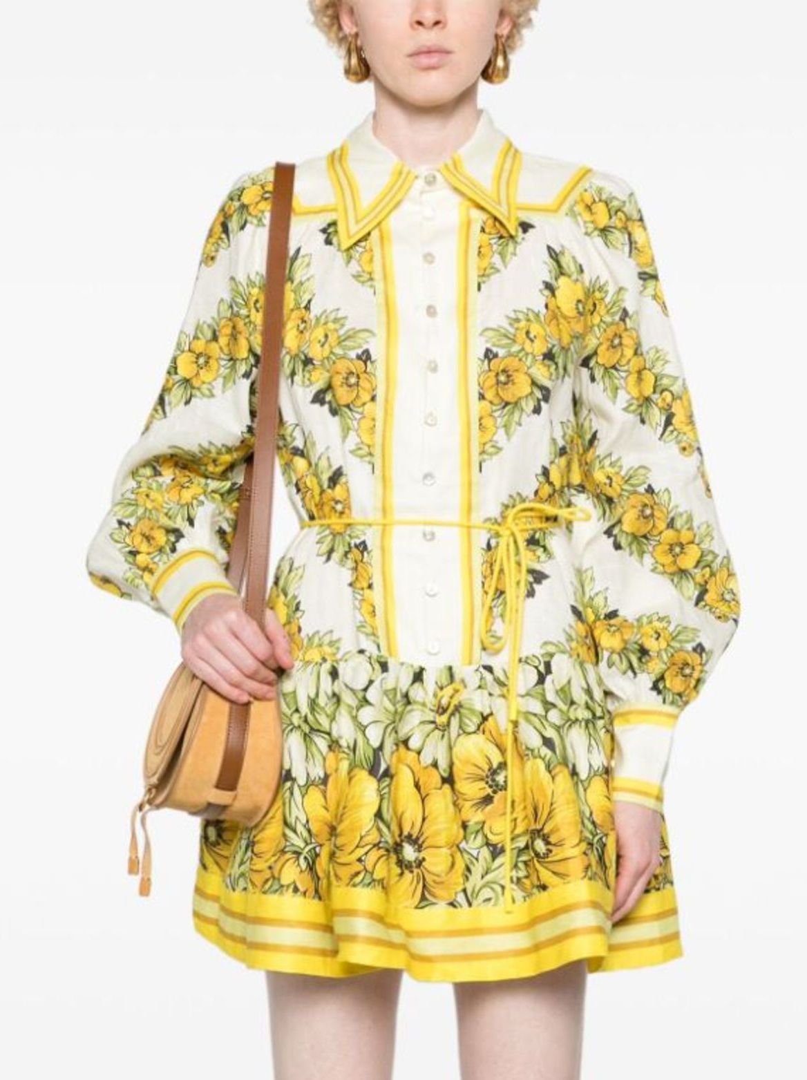 Floral-patterned Yellow Floral Printed Drop-Waist Mini Dress with tie waist detail