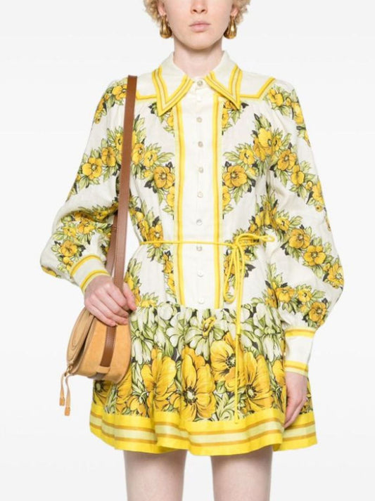 Floral-patterned Yellow Floral Printed Drop-Waist Mini Dress with tie waist detail
