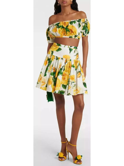 Yellow Rose Print Bardot-Neck Crop Top and Short Circle Skirt - S - Suits & Sets