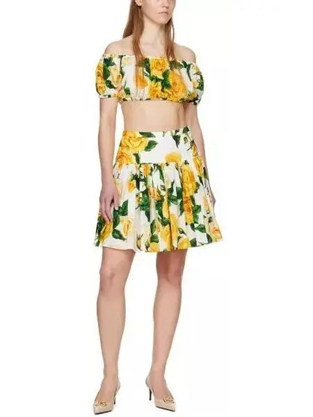 Yellow Rose Print Bardot-Neck Crop Top and Short Circle Skirt - Suits & Sets