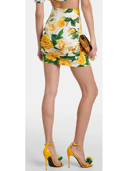 Yellow Rose Print Corset Top and Ruched Mini Skirt Set - Suits & Sets