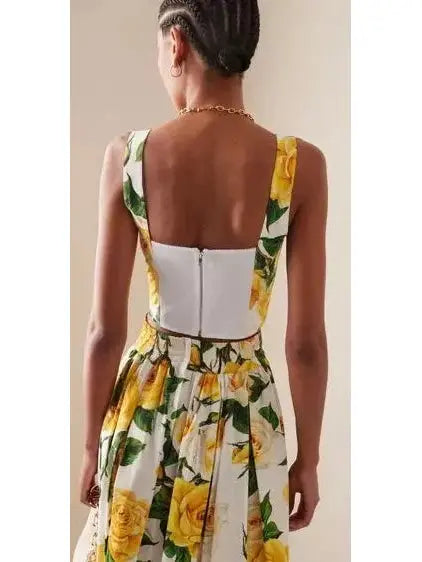 Yellow Rose Print Corset Top - Tops